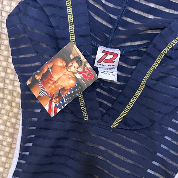 Pistol Pete Blue Mesh Striped hooded sleeveless singlet. - Picture 2 of 5